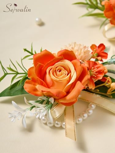 Serwalin Orange Corsage and Boutonniere Set, Prom Corsage and Boutonniere Set of Wedding Flowers Homecoming Accessories Party Suit Decoration - color: Bright Orange, size: 1 Boutonniere & 1 Wrist Corsage - 2pcs