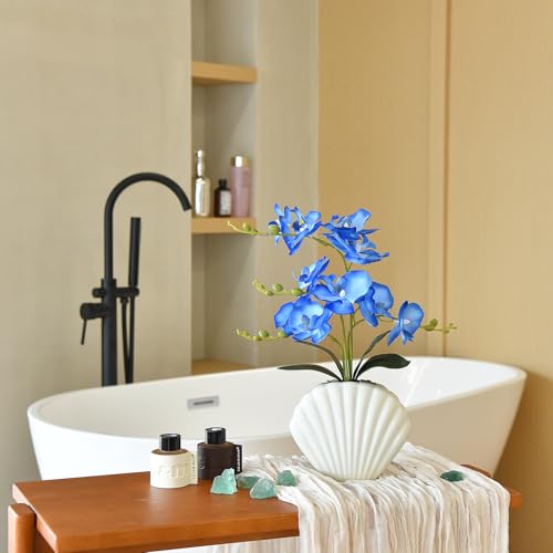 Artificial Phalaenopsis Orchid Plant in Seashell Pot, 16" Fake Orchid Flowers, Silk Faux Orchids for Home Decor, Office, Table Centerpiece, Real Touch Lifelike Indoor House Plant (Blue) - color: Blue
