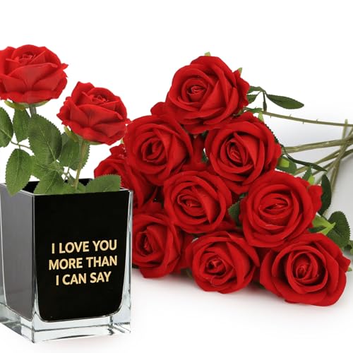 MERIXMAS Roses Artificial Flowers, Fake Silk Roses with Stems for Valentine's Day Mother's Day Christmas, Indoor Outdoor Decor Wedding Anniversary Birthday Party Decor, Gift for Her(12, Red) - color: Red