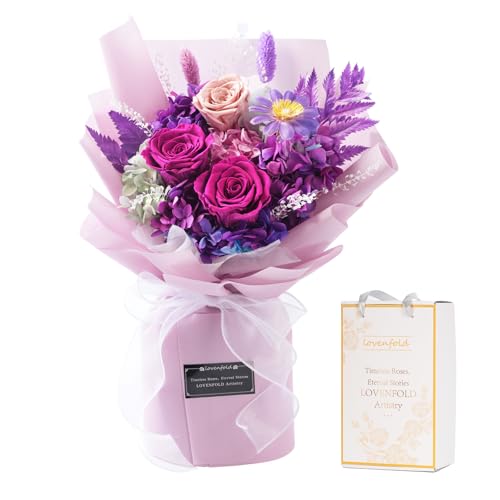 lovenfold Preserved Flowers for Delivery, Purple Rose Bouquets That Last 1-3 Years, Birthday Flowers Gifts for Women Mom Grandma Wife Friends - color: violet