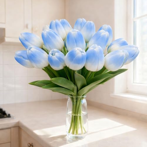 20 Pcs Tulips Artificial Flowers, 13.5'' Real Touch PU Fake Flowers Bouquet for Home Party, Spring Wedding Floral Arrangement, Valentine's, Easter and Mother's Day Decor (White Blue) - color: White Blue