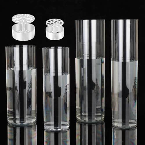 4 Large Acrylic Clear Cylinder Vase Set with 4 Spiral Ikebana Stem Holder Ring, Unbreakable Tall Plastic Hurricane Vases for Wedding Centerpieces Flower Bouquet Decor (4 Vases + 2 Holder) - color: 4 Clear - L