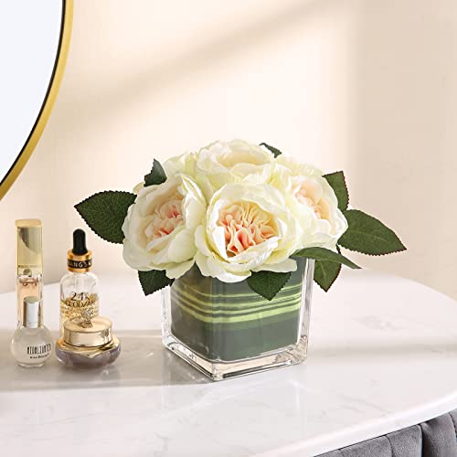 Artificial Peony Silk Flower Centerpieces Faux Floral Arrangement in Glass Vase for Home Wedding Table Decoration (Champagne) - color: Champagne