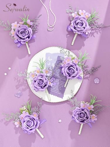 Serwalin 6 Pcs Purple Boutonniere for Men, Groom Groomsmen Best Man Guest Boutonnieres，Artificial Flowers Silk Rose for Wedding Prom Ceremony Anniversary Party Homecoming - color: Purple, size: Boutonniere 6pcs