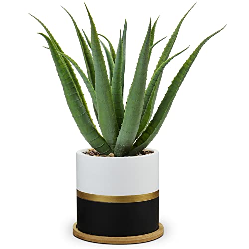 Briful Succulents Artificial Plants Fake Aloe Vera Plants in Gold and Black Pot Farmhouse Faux Agave Plant for Home Office Desk Bathroom Shelf Decorations - color: Agave Greenery#008