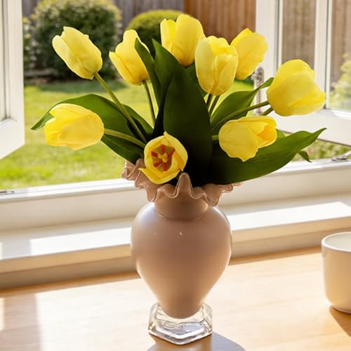10 Stems Artificial Tulips Bouquet 14" Fake Tulips Flowers Realistic Faux Flowers for Wedding Home Party Decor Spring Decor Valentine's Day and Easter Decorations(Yellow) - color: Yellow