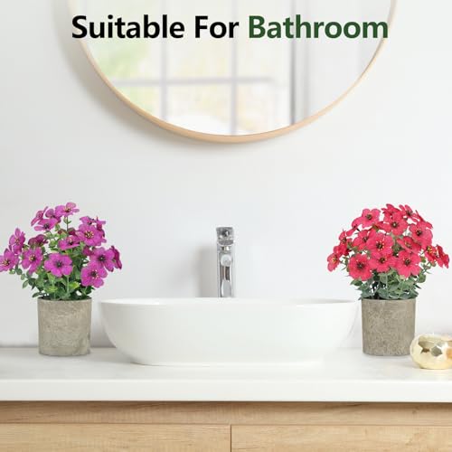 2 Pack Small Fake Plants Potted Artificial Plants Artificial Flowers Potted Faux Flower Daisy with Eucalyptus Leaves for Home Decor Office Room Farmhouse Indoor Table Bathroom Decor（Purple&magenta） - color: Purple and Magenta