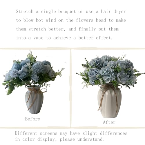 Peonies Artificial Flowers in Vase, Fake Hydrangea Silk Peony Flower Bouquet with Vase Faux Flowers Arrangement Decor Home Table Dining Room (Blue) - color: Blue