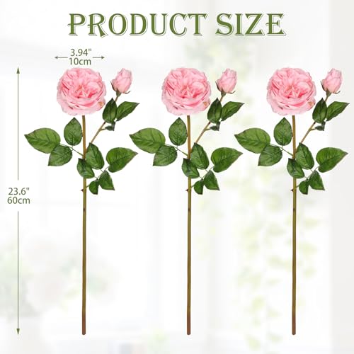 Real Touch Artificial Roses (Set of 3) – 23.6" Long Stem Pink Garden Roses – Lifelike Faux Silk Flowers for Wedding Bouquets, Home Décor, Centerpieces & Floral Arrangements - color: Blush Pink, size: 3 PCS
