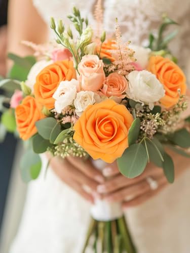 MACTING Artificial Rose Flowers 30PCS Real Touch Fake Flowers with Stem Faux Foam Roses for DIY Wedding Bouquet Table Centerpieces Party Bridal Shower Home Thanksgiving Fall Decorations,Orange - color: Orange-1, size: 30PCS