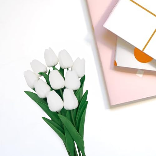 White Flowers Fake Tulips Artificial Flowers, 13 Inch Real Touch Tulip PU Flowers for Decoration, Vase, Mother's Day Easter Valentines Gifts 10 Pcs - color: White