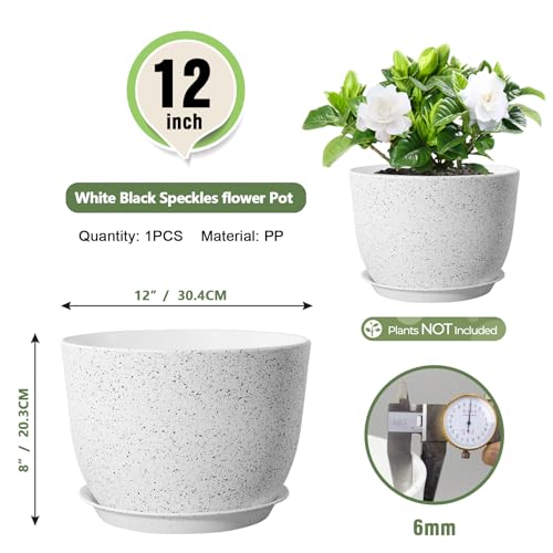 Meowell Plant Pots 12 inch, Plastic Planters with Drainage Holes and Saucers, Large Flower Pots for Indoor Outdoor Plants, Modern Decorative Pots for Garden House Plants, Speckled White - color: Speckled White, size: 12inch C