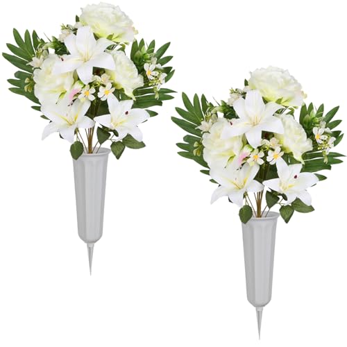 2Sets Artificial Cemetery Flowers with Cemetery Vase Artificial Rose Lily Graveyard Memorial Bouquets for Memorial Day Cemetery Headstones Outdoor Grave Decorations (White) - color: White
