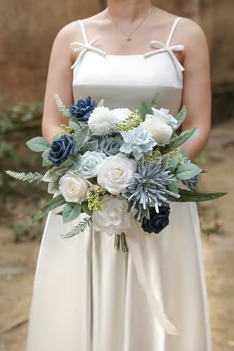 Blue White Artificial Flowers Silk Fake Roses Peonies Greenery Combo Box Set for DIY Wedding Bouquets Bridal Shower Centerpieces Floral Arrangements Party Tables Home Decoration - color: Gradient Blue White