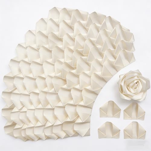 300Pcs Premade Satin Ribbon Rose Petals Half-Finished for Eternal Rose DIY Ramos Forever Flowers Bouquets Everlasting Floral,for Wedding,Anniversary,Birthday (300 Pcs Cream White) - color: 300 Pcs Cream White