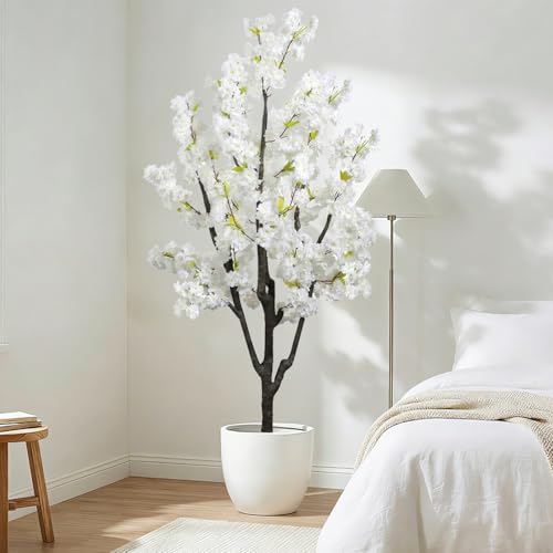 Faux White Cherry Blossom 6ft(72in) Artificial Floor Green Plant for Indoor Decor Natural Potted Tree with Texture Flowers Realistic Wood Trunk for Home Living Room,Office Perfect Housewarming Gift - color: Cherry Blossom(white 8), size: 6ft