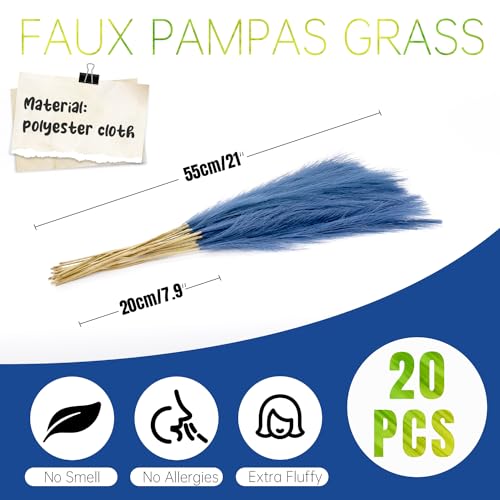 Faux Pampas Grass Decor ， 21.7 Inch Artificial Pampas Grass Peacock Blue Reed Grass, Vase Filler for Home Decor, Room, Bathroom, Wedding, Table Centerpiece - 20PCS - color: Peacock Blue