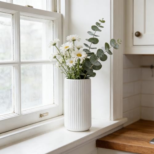 White Ceramic Flower Vase for Pampas Grass, 8 inch Small Decorative Centerpiece Ribbed Vase for Dining Table, Office Desktop, Shelf Bookshelf, Mantel, Entryway, Bathroom, Countertop, Farmhouse, Gift - color: Ceramic White, size: 8 inch