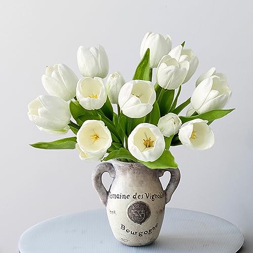 ZYTUYO 20 PCS Fake Tulips White Artificial Flowers 13" Real Touch Tulips Mix Tulip Bulbs Wedding Bouquet for Xmas Home Spring Flower Decor New Year Easter