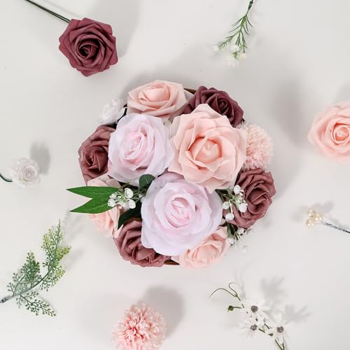 Artificial Flowers Combo Dusty Pink White Roses with Stems Leafs Bouquets Bridal Wedding Shower Decorations Fake Floral for Party Table Centerpieces - color: Wine