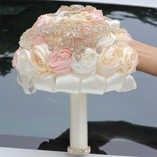 Handmade Satin Rose Water Drop Bridal Bouquet,8.7inch Crystal Wedding Round Tossing Bouquet,Jewelry Proposal Bridesmaid Bouquet Groom Corsage Bride Wrist Flower Ivory (Champagne Ivory) - color: Champagne Ivory
