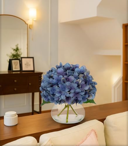 Hollyone Blue Hydrangea Fall Flowers Artificial for Decoration with Glass Vase Autumn Silk Faux Flower Arrangements with Fake Water Table Centerpiece Vase with Flowers Fall Decorations for Home - color: Hydrangea, Dark Blue