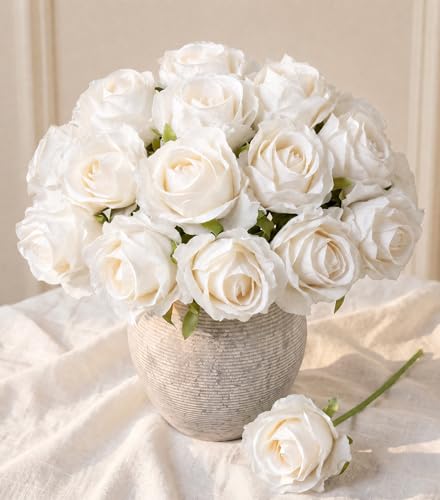 Ivydale 18pcs White Roses Artificial Flowers, Fake Roses Silk Flowers with Stems Realistic Bouquet for Wedding Party Mother's Day DIY Centerpiece Floral Romantic Gifts - color: Rose-white