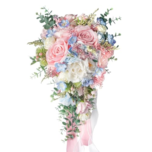 Large Pink Rose Bouquets for Bride Spring Summer Wedding Creamy Blue Blush Pink White Cascading Bridal Bouquet Artificial Silk Flower Boho Rustic Ceremony Anniversary Decor Toss Bouquet - color: Light Pink Blue
