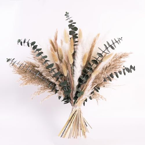 Natural Dried Pampas Grass Bouquet with Eucalyptus, 17” Boho Floral Arrangement for Vase, Home Office Farmhouse Decor, Wedding Centerpieces, Rustic Home Decor
