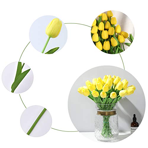 30PCS Real Touch Tulips PU Artificial Flowers, Fake Tulips Flowers for Arrangement Wedding Party Easter Spring Home Dining Room Office Decoration. (Yellow, 14" Tall) - color: Yellow