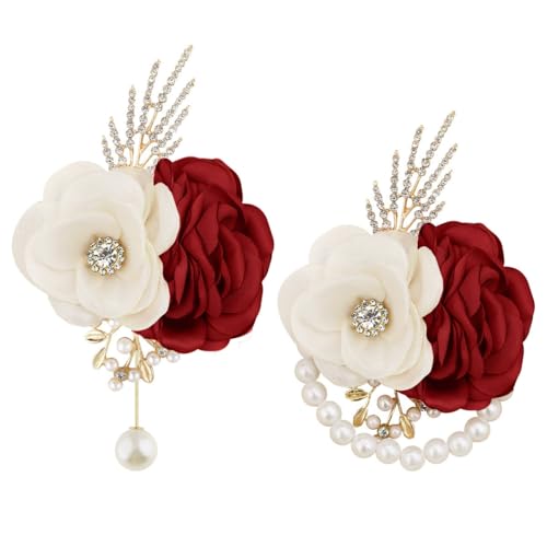 Satin Rose Corsage and Boutonniere Set for Bride Groom Bridesmaids Groomsmen Wedding Homecoming Flowers Prom Party Suit Accessories (Burgundy) - color: Burgundy