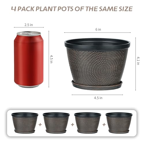 Quarut 4 Pack 6 Inch Flower Pots for Outdoor Indoor, Plastic Plant Pots with Drainage Hole & Saucer, Lightweight Small Flower Pot, Circle Pattern Planters for Garden House planters（Brown） - color: Circular Pattern-brown, size: 6 inch-4 Pack