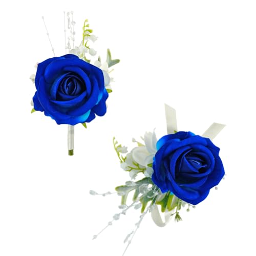 Royal Blue White Corsage and Boutonniere Set for Wedding Prom, Artificial Rose Flower Wrist Corsage Bracelets, Homecoming Corsage Wristlet, Boutonniere for Men Wedding Suit Decorations