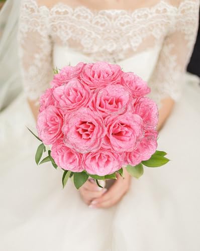 Pink Glitter Roses,30PCS Glitter Flowers Bouquet Artificial Roses with Stems for Wedding Party Christmas Home Decor(Pink with Silver Glitter) - color: Pink With Silver Glitter