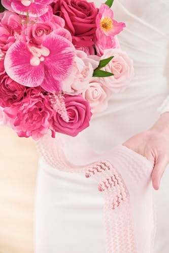 TINGE TIME 9 Inch Artificial Bridal Bouquet, Cascading Wedding Bouquet for Wedding Ceremony and Anniversary (Hot Pink) - color: Hot Pink