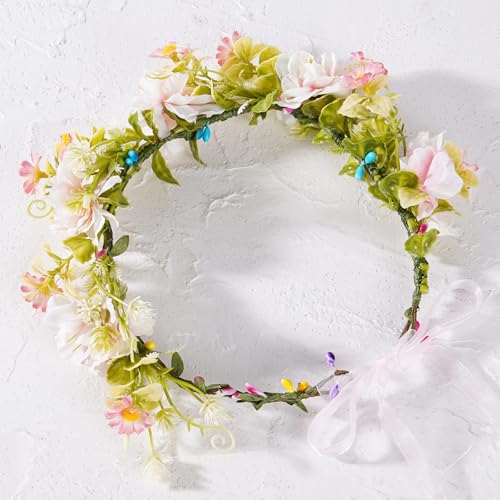 Pink Flower Crown Headband, Artificial Rose Daisy Floral Headpiece, Adjustable Fairy Boho Bridal Flower Crown for Women Girls Renaissance Birthday Wedding Festivals Party Hair Accessories - color: Rose Daisy Pink