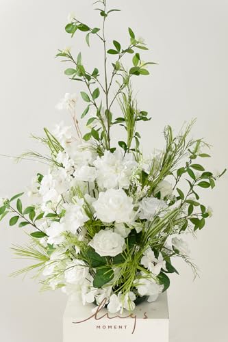 Ling's moment 36" Free-Standing Wedding Aisle Artificial Flowers for Ceremony Decor, 2PCS White Walkway Floral Chair Markers, Faux Rose Altar Arch Arrangement Spring Decorations Outdoor - color: Wht-white & Lily & Olive