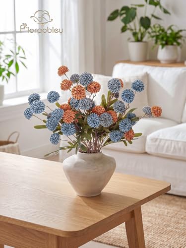 9pcs Fake Flowers Silk Mini Mums with Stems, Blue & Orange Faux Chrysanthemum Pompon Balls Artificial Flower Bulk for DIY Wedding Centerpieces, Vase Fillers, Floral Arrangement & Home Decor - color: Dusty Blue & Burnt Orange