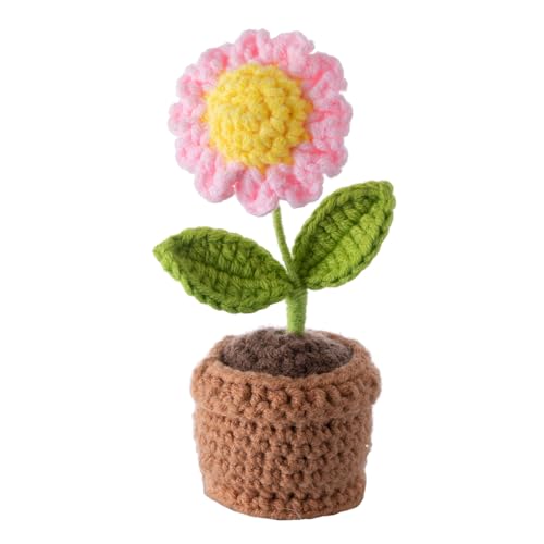 Handmade Crochet Flowers, Small Potted Plants, Knitted Desk Decorations for Home Office Decor, 5 Inches Pink Artificial Flower (Sunflower) - color: 1：one Sunflower
