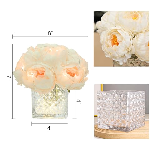 Artificial Peony Silk Flower Centerpieces with LED Light Faux Floral Arrangement in Glass Vase for Home Wedding Table Decoration (Cream White) - color: Light-cream White