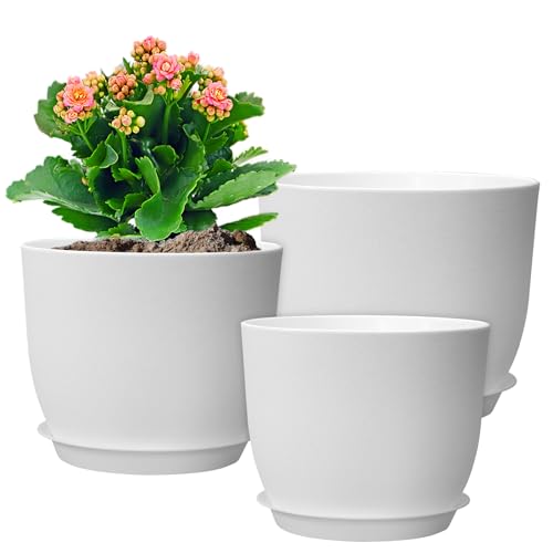 WSMKSZ 10/9/8 inch Medium Flower Pots, 3 Pack Modern Decorative Plastic Planters with Drainage Holes and Tray, Plant Pots for Indoor Outdoor Plants, White - color: White, size: 10"+9"+8"