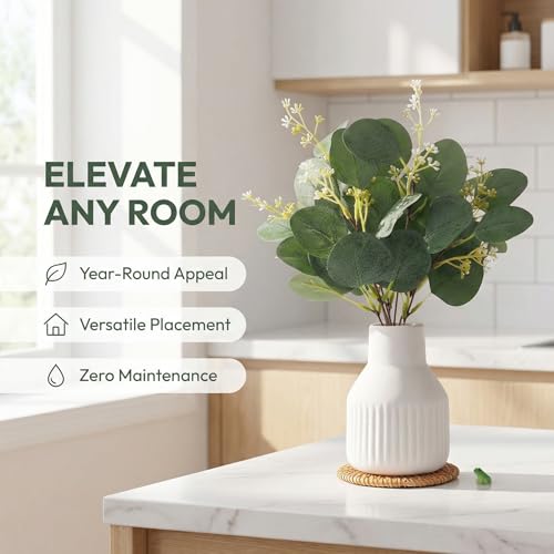 Artificial Eucalyptus Greenery Stems in Ceramic Vase,10Pcs Fake Plants Eucalyptus Leaves faux Plants for Centerpiece Table Decorations Home Room Decor office desk decor Greenery Decor indoor (White) - color: White
