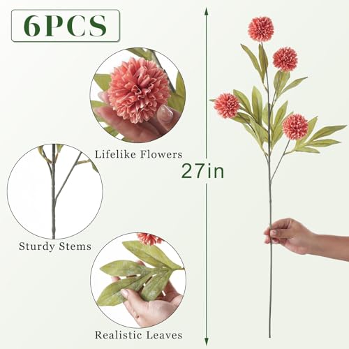 VIERENA 6 Pcs Faux Silk Pompon Mum Artificial Flowers for Vase -27", Bulk Fake Chrysanth Branches with Stems for DIY Bouquet Centerpieces Wedding Fillers Arrangements Shower Decorations (Dusty Pink) - color: Dusty Pink