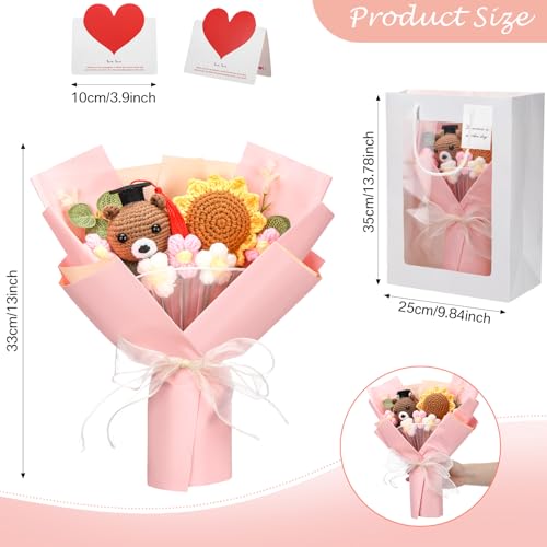 Graduation Crochet Flower Bouquet Set Includes Knitted Bear Knitted Sunflower Daisy Eucalyptus Greeting Card Gift Bag 2026 Pink Flower Bouquet Graduation Gift - color: Pink, style: Knitted Bear and Sunflowers