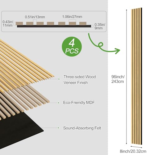 4 Pack Wood Panels for Wall, 96" x 8" Wood Slat Acoustic Panels, Acoustic Wall Panels for Interior Wall Decor, Sound Absorbing Wall Panels for Noise Reduction and Decoration, Cream Oak - color: Cream Oak, size: 4PCS-96" x 8"