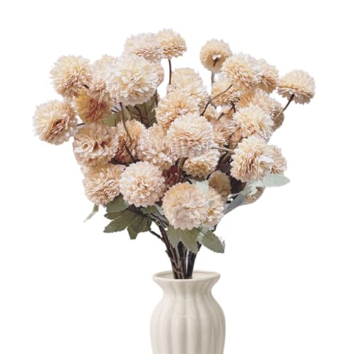 12pcs Artificial Flowers Faux Silk Pompon Mum, Fake Kiku Flowers with 21" Long Stems & 5 Heads Each Stem, Mini Small Chrysanthemum with Stems for DIY Wedding Bouquets Centerpieces Home Decor - color: Beige, size: 12 PCS
