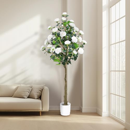 Artificial Camellia Tree 6FT– Faux Plants Indoor, with Easy Assembly, Low Maintenance, Ideal for Both Indoor Decoration and Other Purposes，Perfect Porch Christmas Trees (White 6ft) - color: White 6ft