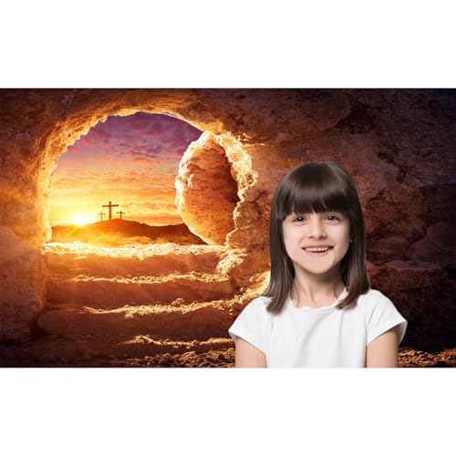 Empty Stone Tomb Backdrop Sunrise Sunset Jesus Christ Crucifixion Resurrection Cave Photography Background Holy Lights Three Crosses God Bless Jesus Christian Easter Christian Backdrop 5x3ft - color: Sunset Golden, size: 5x3ft