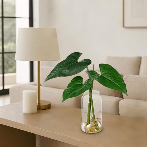Oairse Artificial Tropical Plant in Glass Vase with Faux Water & Pebble - 16.5" Fake Plants in Vase Taro Leaves Stem Fake Palm Monstera Greenery for Home Indoor Centerpiece Farmhouse Decor - color: Taro Leaves