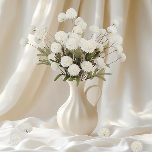 Faux Pompon Mum Flowers - 14pcs Realistic Artificial Chrysanthemum Flower, Beige Silk Fake Kiku Blooms Flower Bulk with Eucalyptus Stems for Home Decor, Wedding Centerpieces, Floral Arrangements